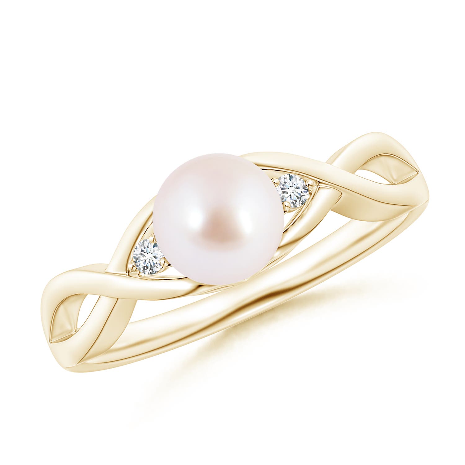 6mm AAA Japanese Akoya Pearl & Diamond Criss Cross Shank Ring in Yellow Gold