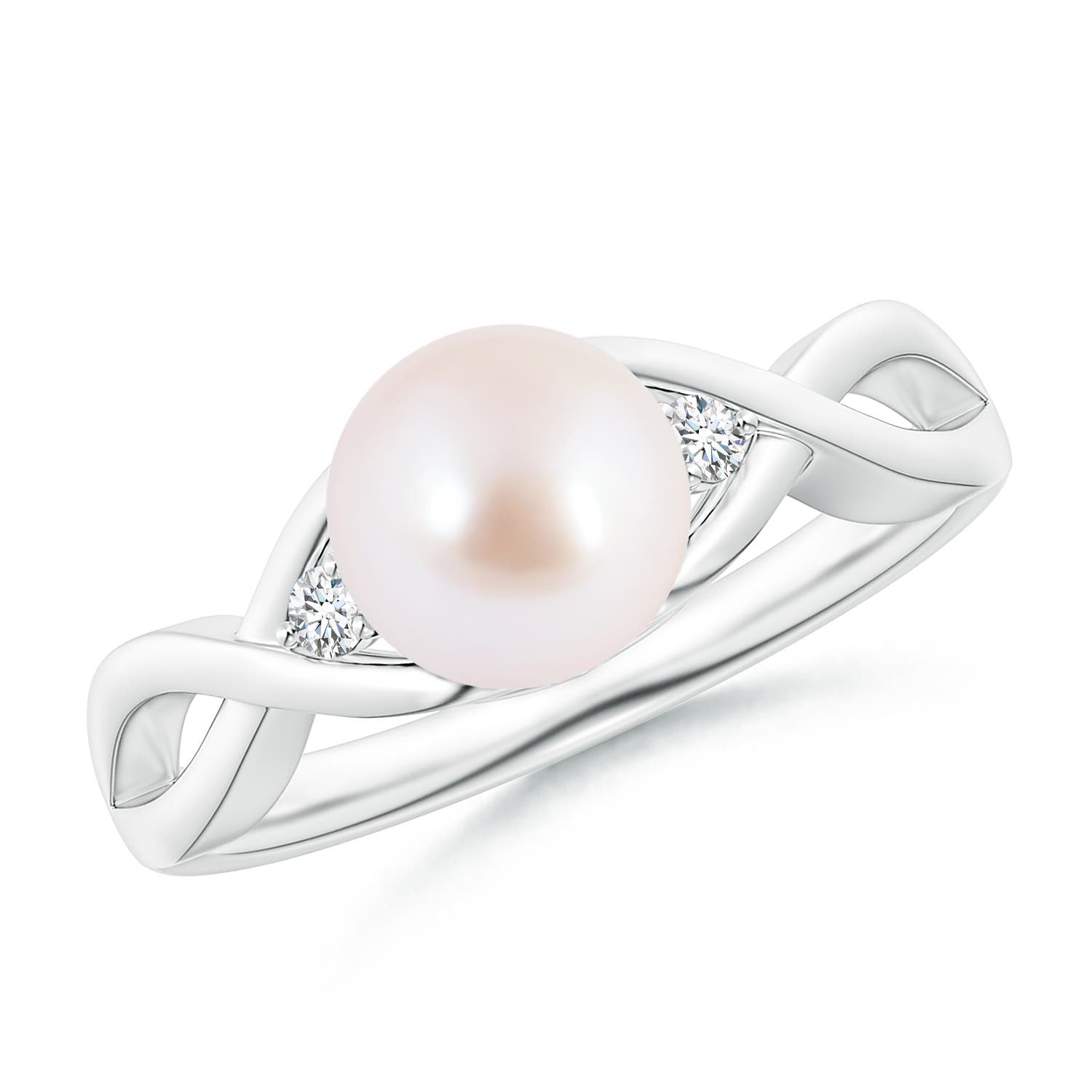 7mm AAA Japanese Akoya Pearl & Diamond Criss Cross Shank Ring in White Gold