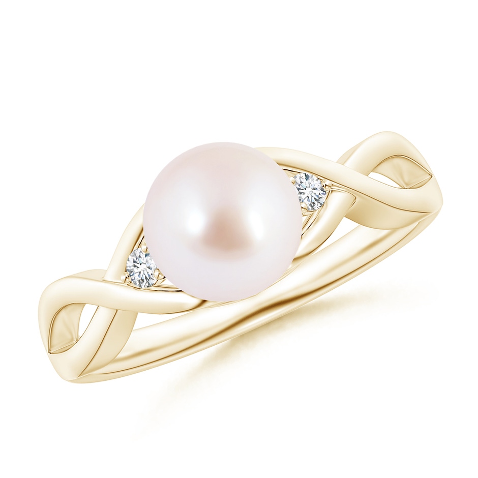 7mm AAA Japanese Akoya Pearl & Diamond Criss Cross Shank Ring in Yellow Gold 