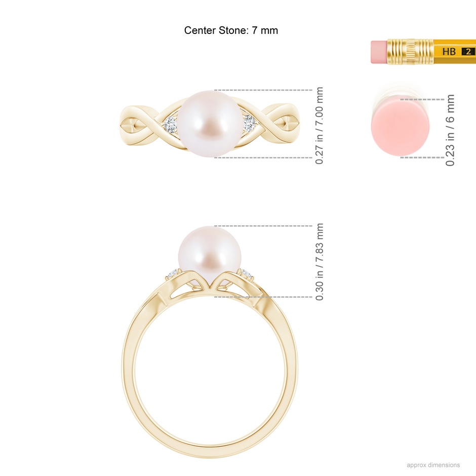 7mm AAA Japanese Akoya Pearl & Diamond Criss Cross Shank Ring in Yellow Gold ruler