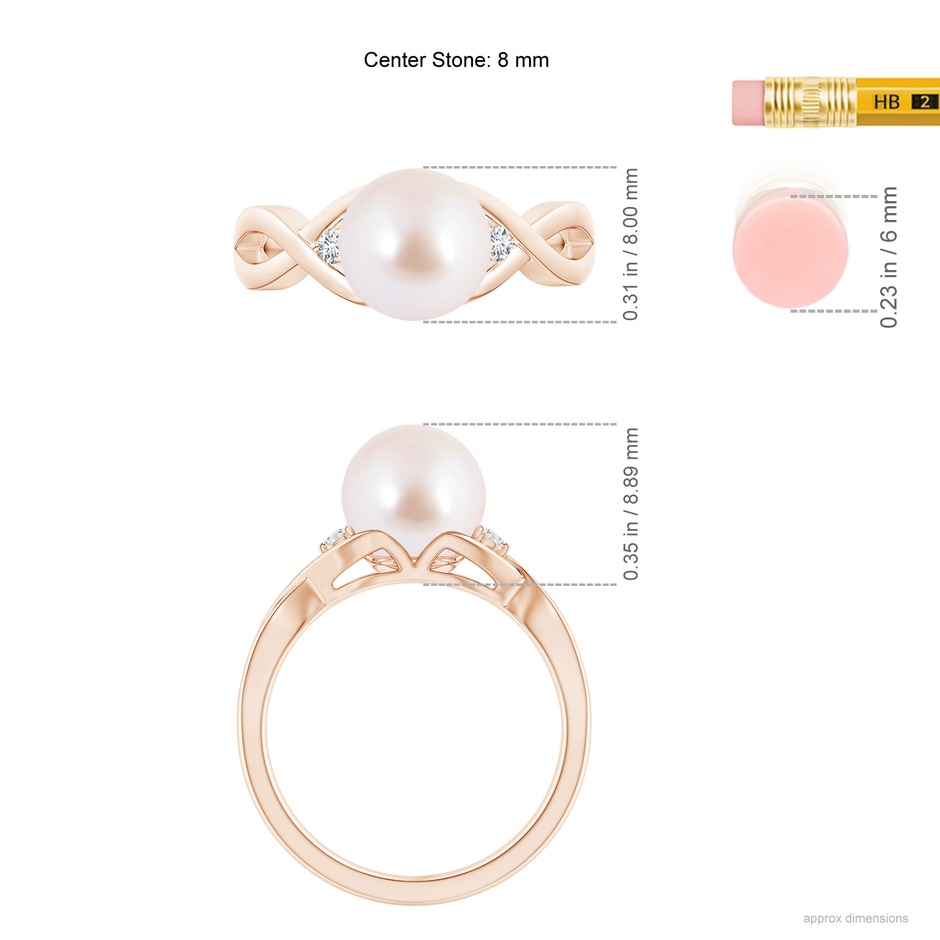 8mm AAA Japanese Akoya Pearl & Diamond Criss Cross Shank Ring in Rose Gold ruler