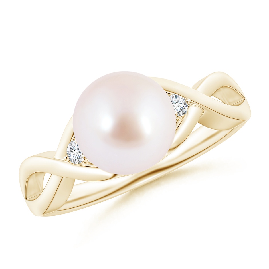 8mm AAA Japanese Akoya Pearl & Diamond Criss Cross Shank Ring in Yellow Gold 