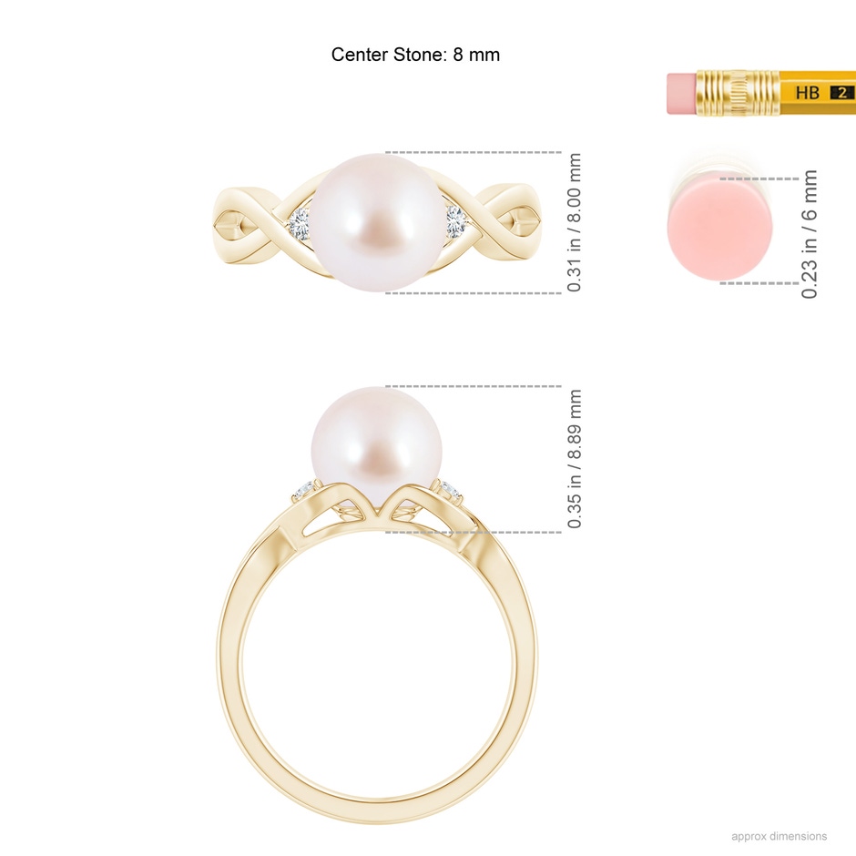 8mm AAA Japanese Akoya Pearl & Diamond Criss Cross Shank Ring in Yellow Gold ruler