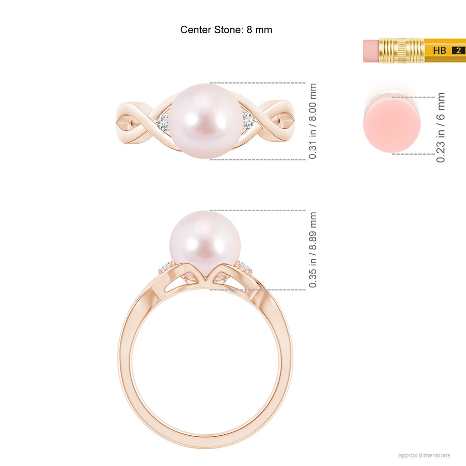 8mm AAAA Japanese Akoya Pearl & Diamond Criss Cross Shank Ring in Rose Gold ruler