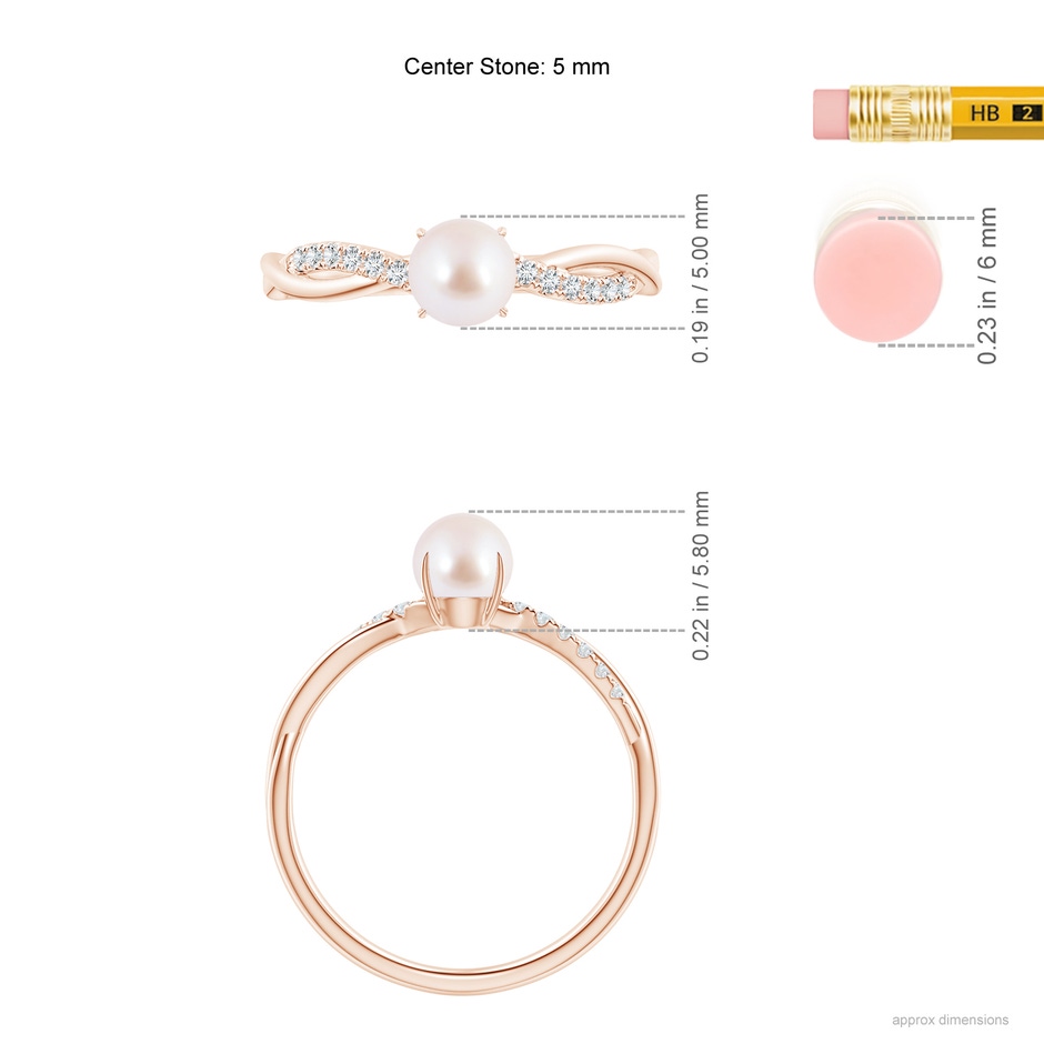 5mm AAA Japanese Akoya Pearl Twist Shank Ring with Diamonds in Rose Gold ruler