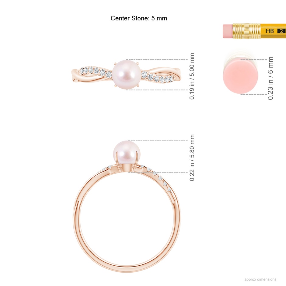5mm AAAA Japanese Akoya Pearl Twist Shank Ring with Diamonds in Rose Gold ruler