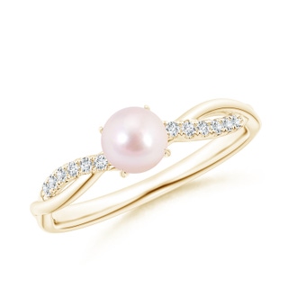 5mm AAAA Japanese Akoya Pearl Twist Shank Ring with Diamonds in Yellow Gold