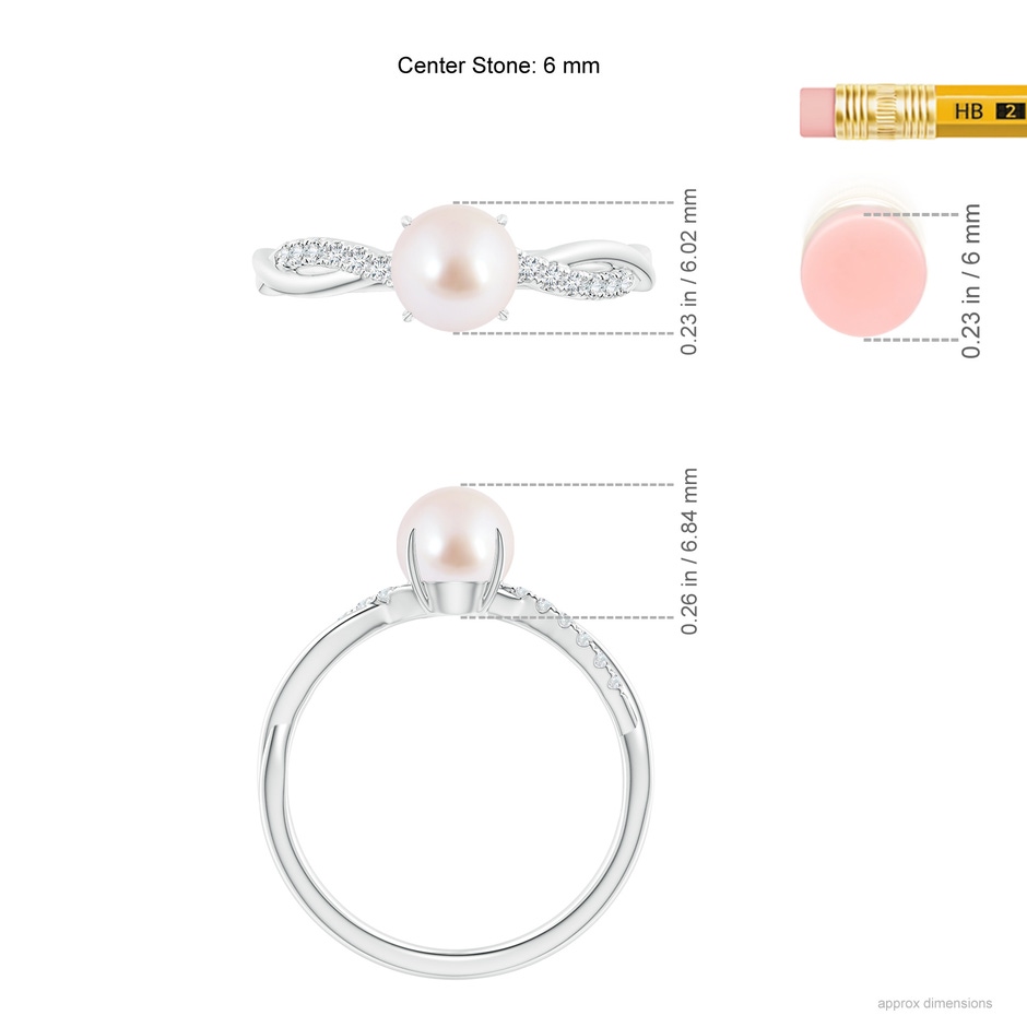 6mm AAA Japanese Akoya Pearl Twist Shank Ring with Diamonds in White Gold ruler