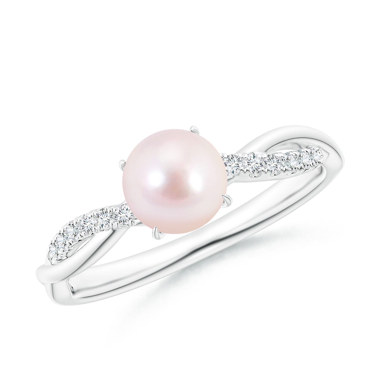 6mm AAAA Japanese Akoya Pearl Twist Shank Ring with Diamonds in P950 Platinum