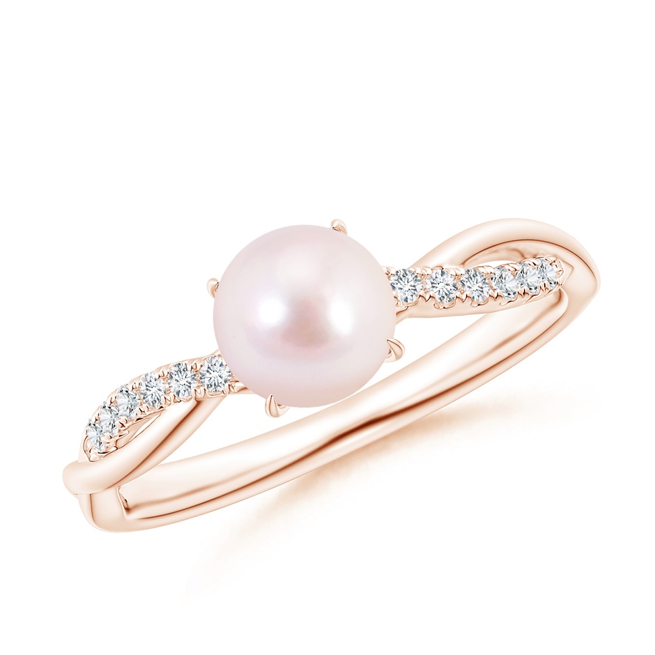 6mm AAAA Japanese Akoya Pearl Twist Shank Ring with Diamonds in Rose Gold 