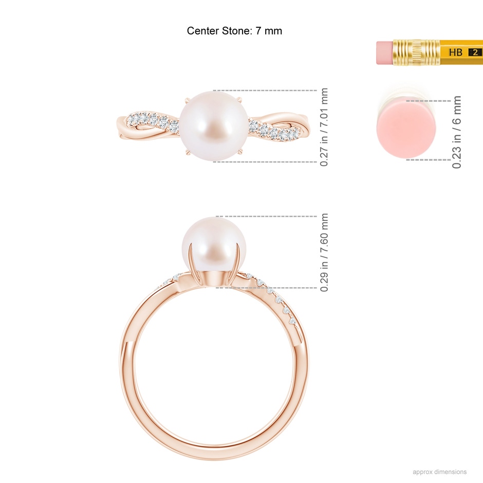 7mm AAA Japanese Akoya Pearl Twist Shank Ring with Diamonds in Rose Gold ruler