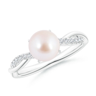 7mm AAA Japanese Akoya Pearl Twist Shank Ring with Diamonds in White Gold