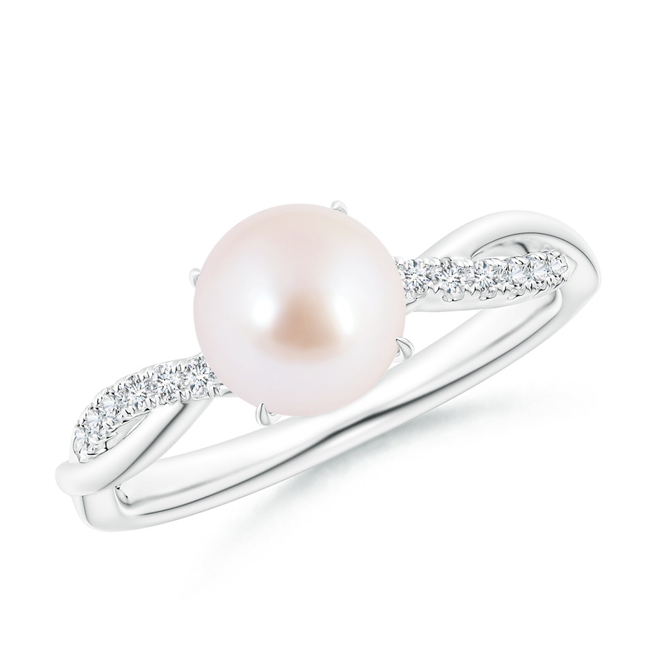 7mm AAA Japanese Akoya Pearl Twist Shank Ring with Diamonds in White Gold 