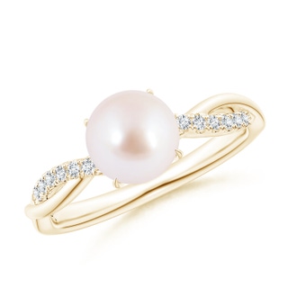 7mm AAA Japanese Akoya Pearl Twist Shank Ring with Diamonds in Yellow Gold