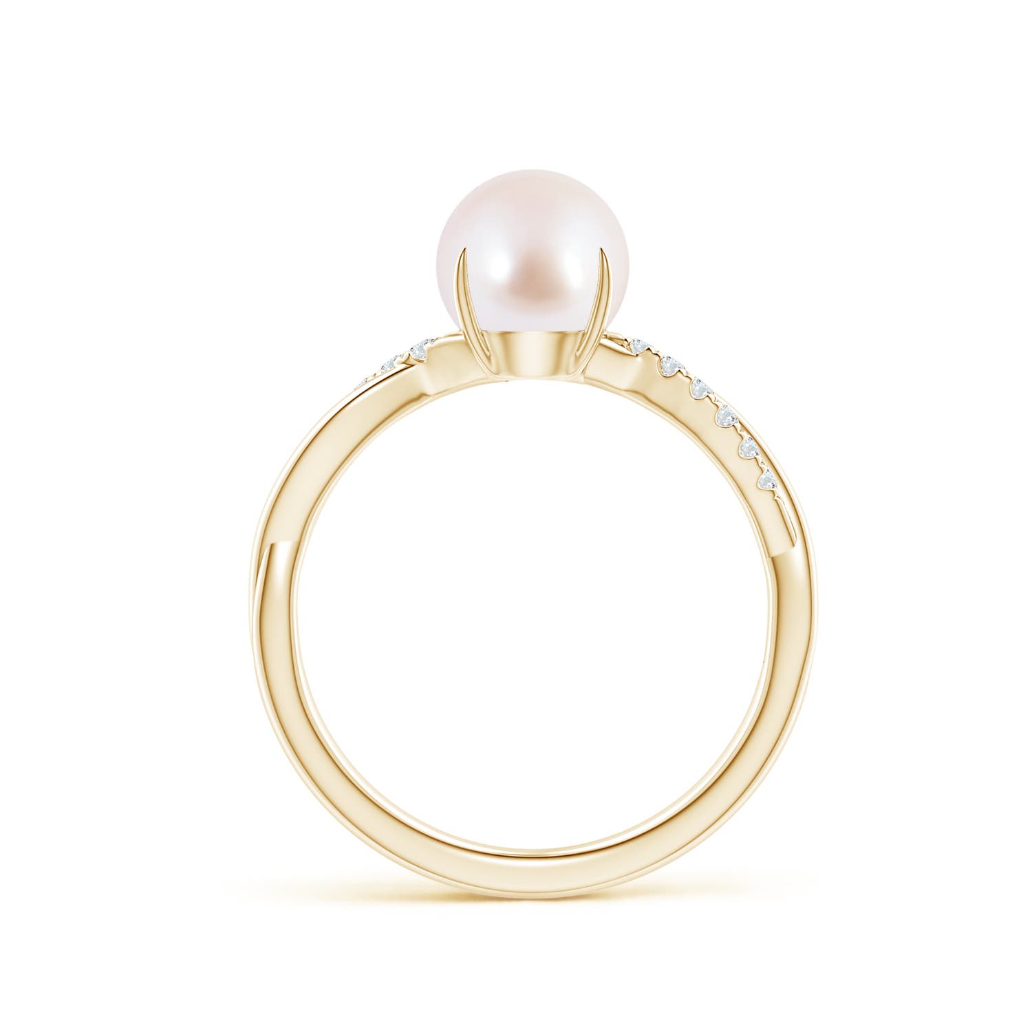 7mm AAA Japanese Akoya Pearl Twist Shank Ring with Diamonds in Yellow Gold