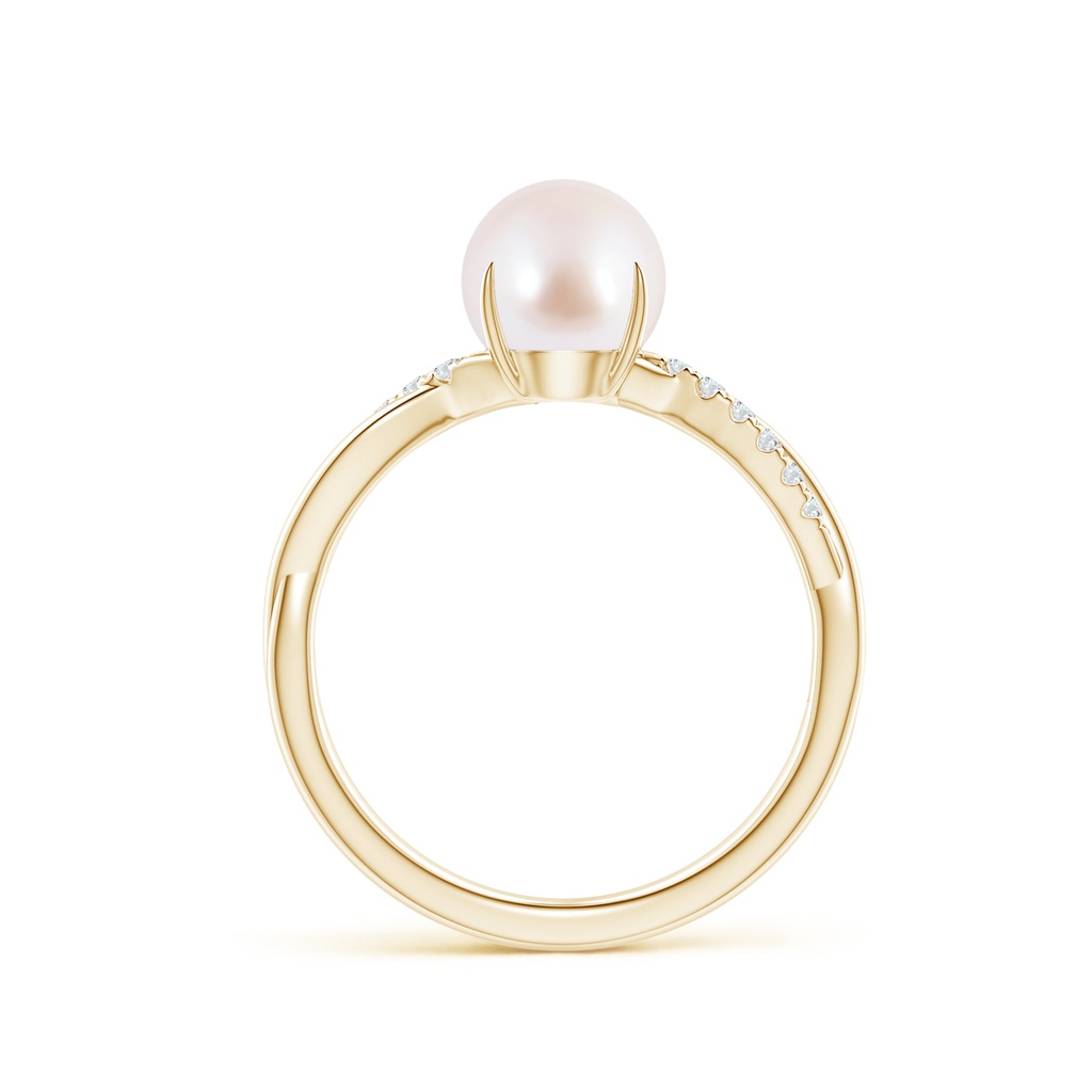 7mm AAA Japanese Akoya Pearl Twist Shank Ring with Diamonds in Yellow Gold Side 1