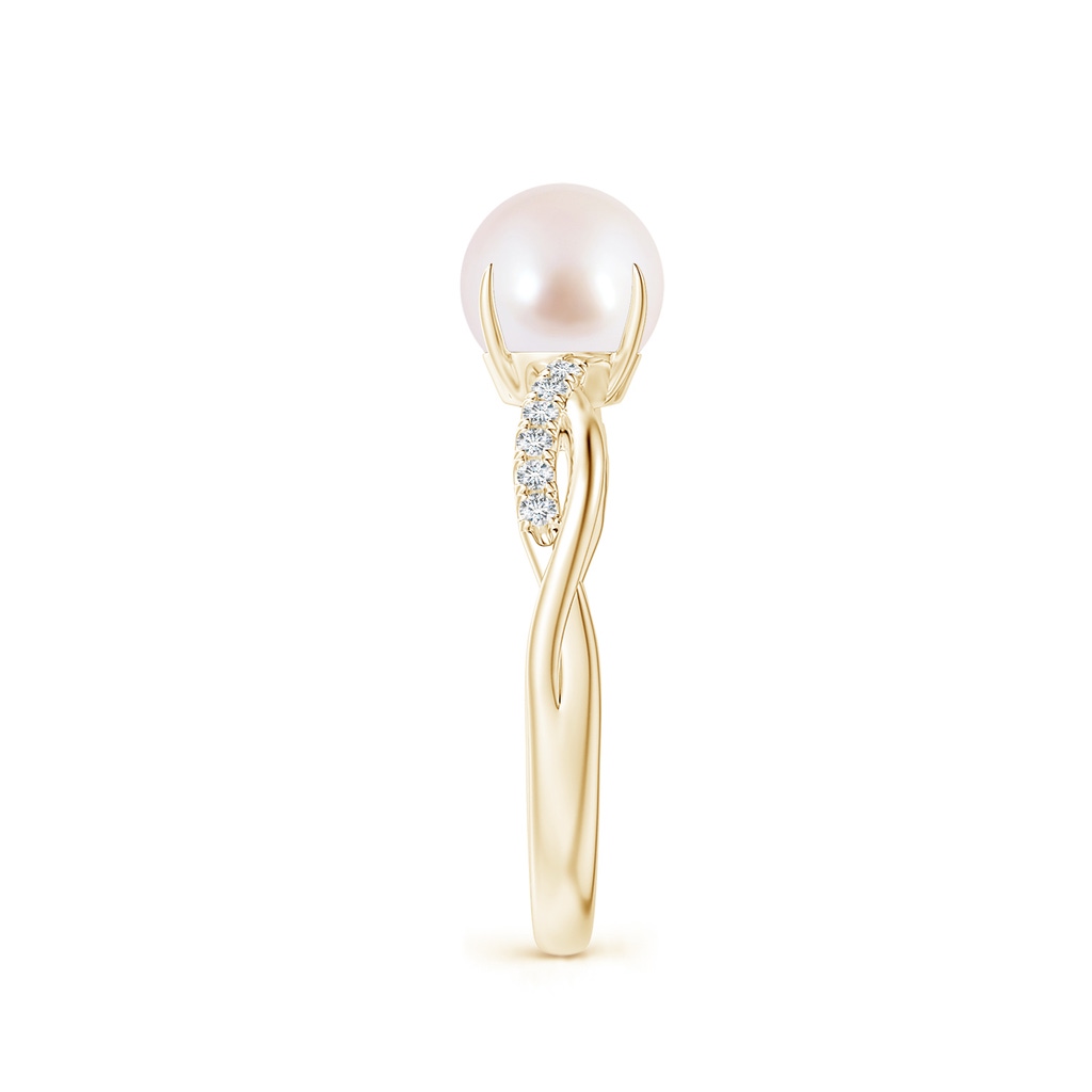 7mm AAA Japanese Akoya Pearl Twist Shank Ring with Diamonds in Yellow Gold Side 2