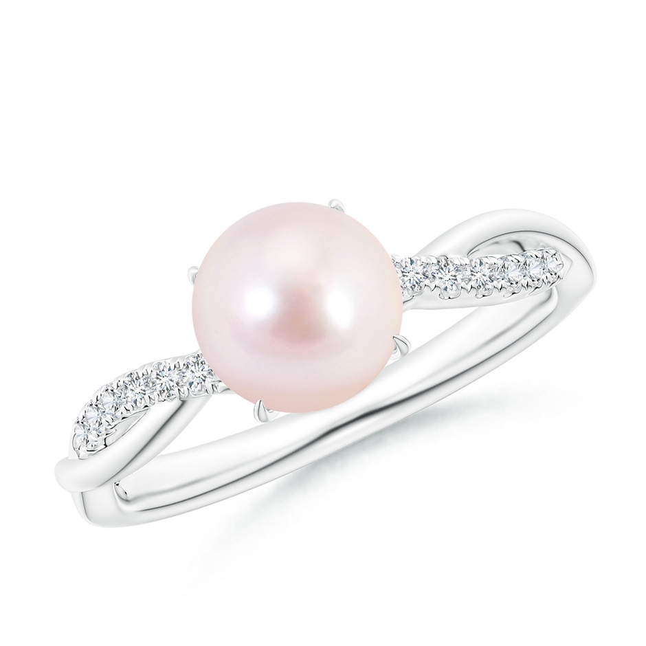 7mm AAAA Japanese Akoya Pearl Twist Shank Ring with Diamonds in White Gold 