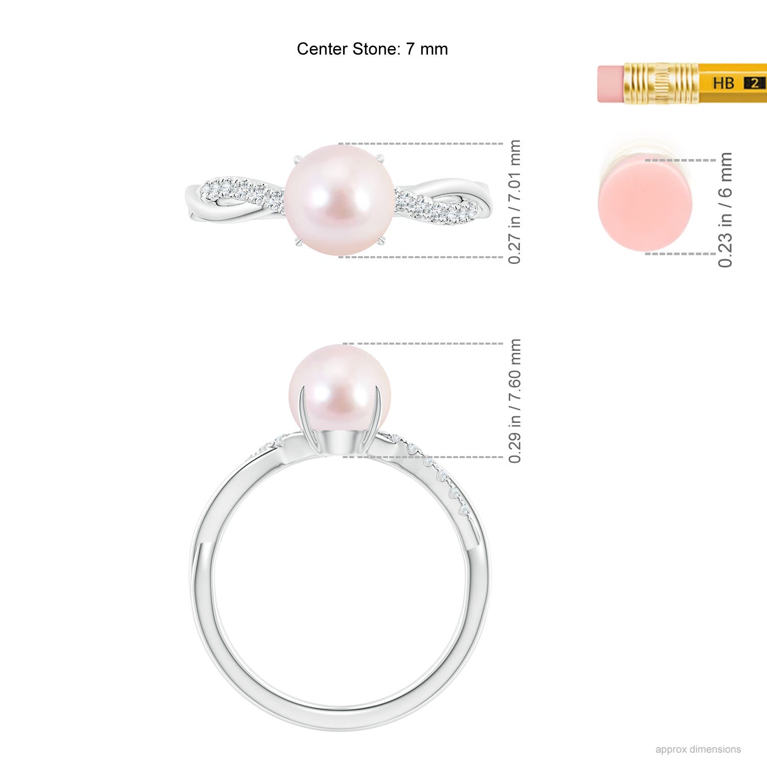 7mm AAAA Japanese Akoya Pearl Twist Shank Ring with Diamonds in White Gold - ruler