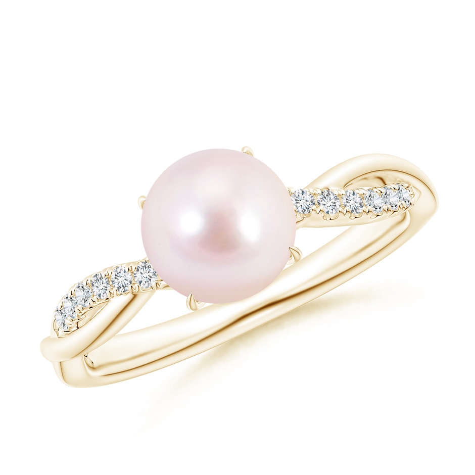 7mm AAAA Japanese Akoya Pearl Twist Shank Ring with Diamonds in Yellow Gold 