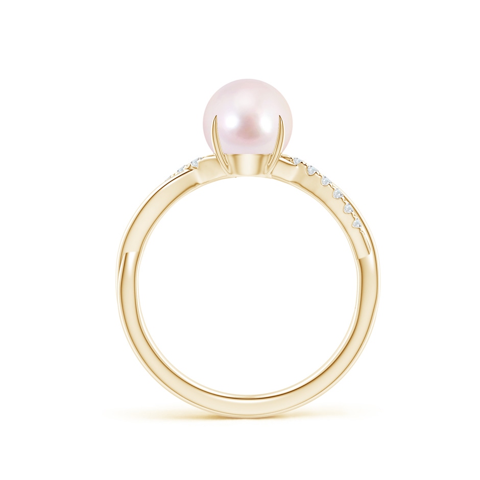 7mm AAAA Japanese Akoya Pearl Twist Shank Ring with Diamonds in Yellow Gold side 1