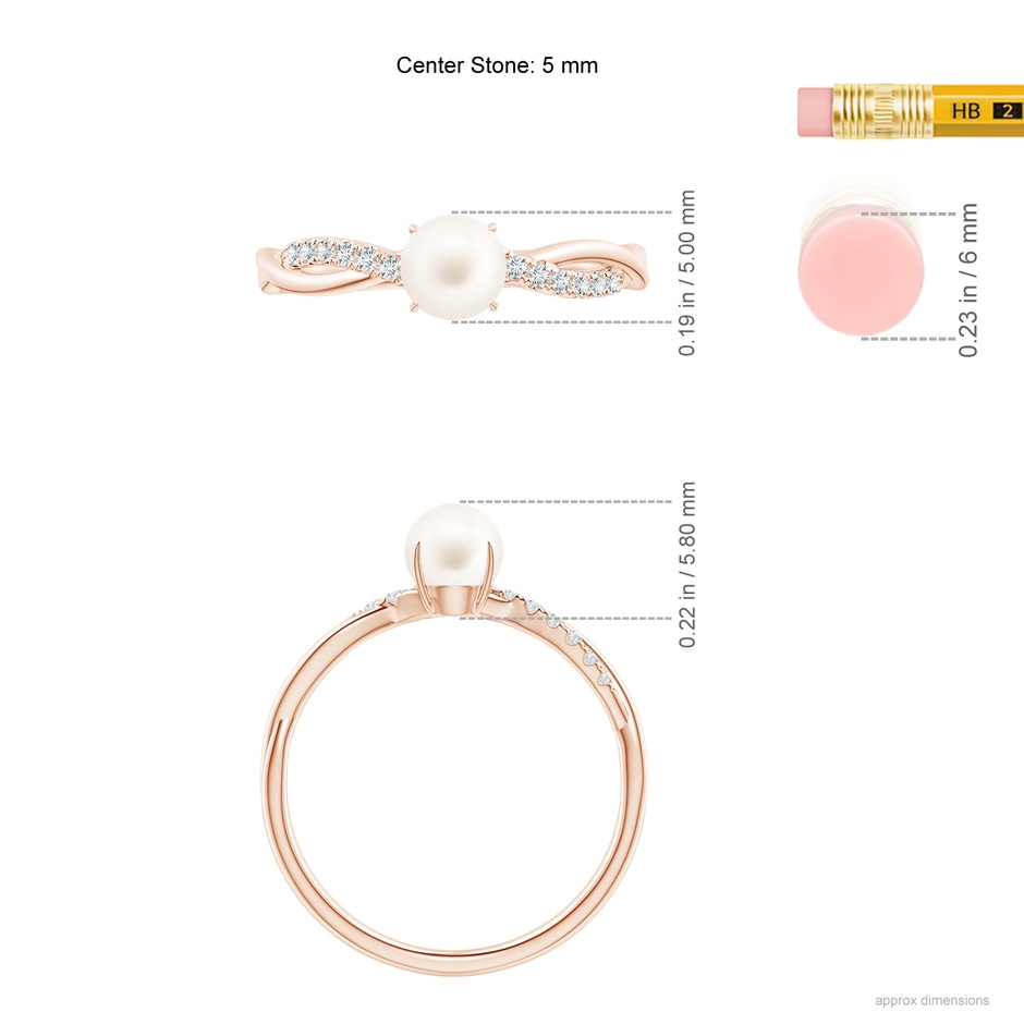 5mm AA Freshwater Pearl Twist Shank Ring with Diamonds in Rose Gold ruler