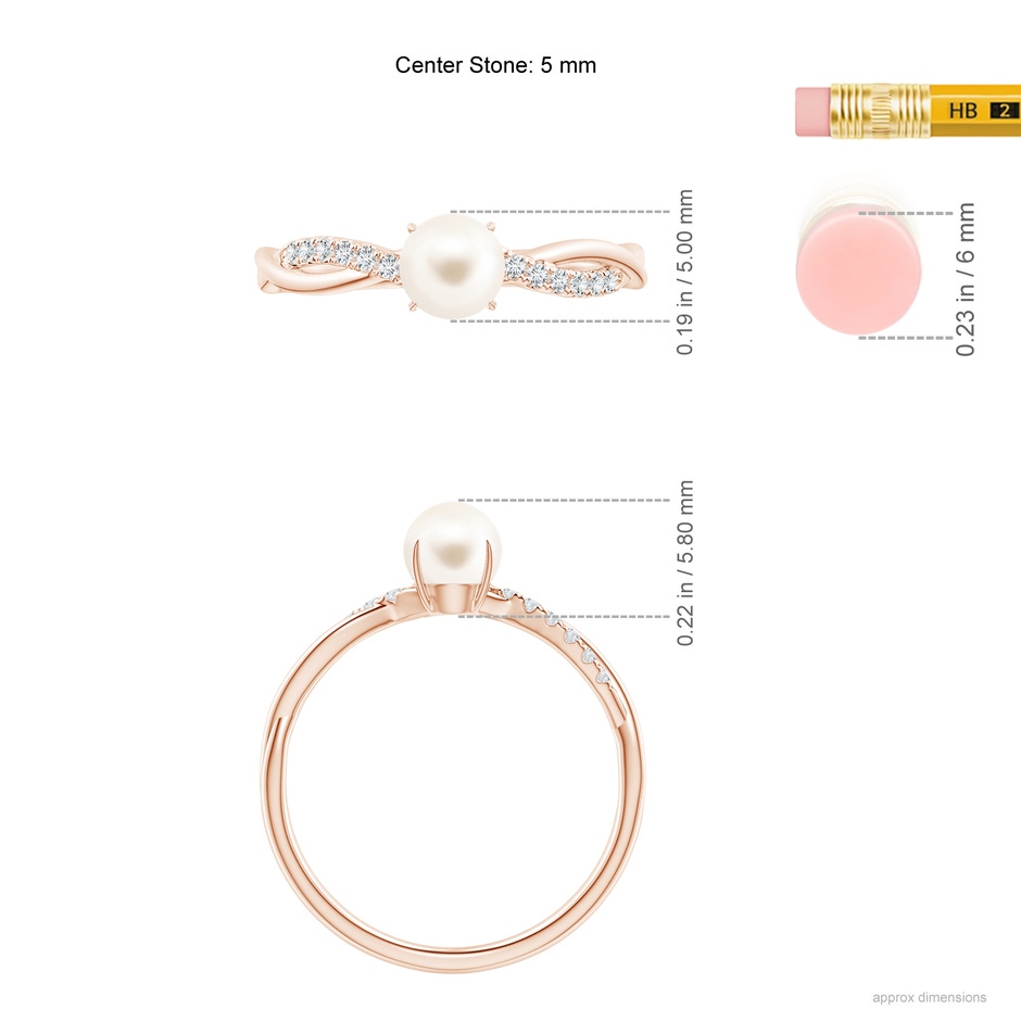 5mm AAA Freshwater Pearl Twist Shank Ring with Diamonds in Rose Gold ruler