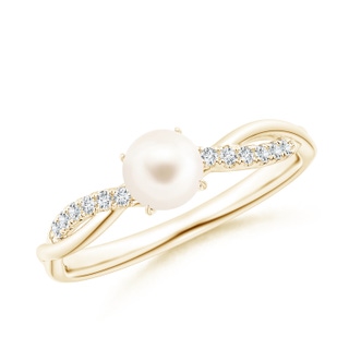 5mm AAA Freshwater Pearl Twist Shank Ring with Diamonds in Yellow Gold