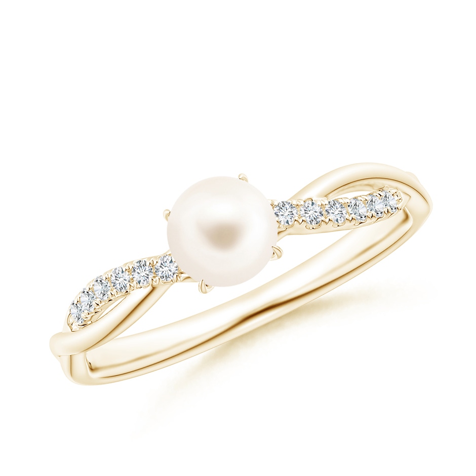 5mm AAA Freshwater Pearl Twist Shank Ring with Diamonds in Yellow Gold 
