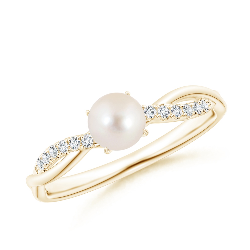 5mm AAAA Freshwater Pearl Twist Shank Ring with Diamonds in Yellow Gold