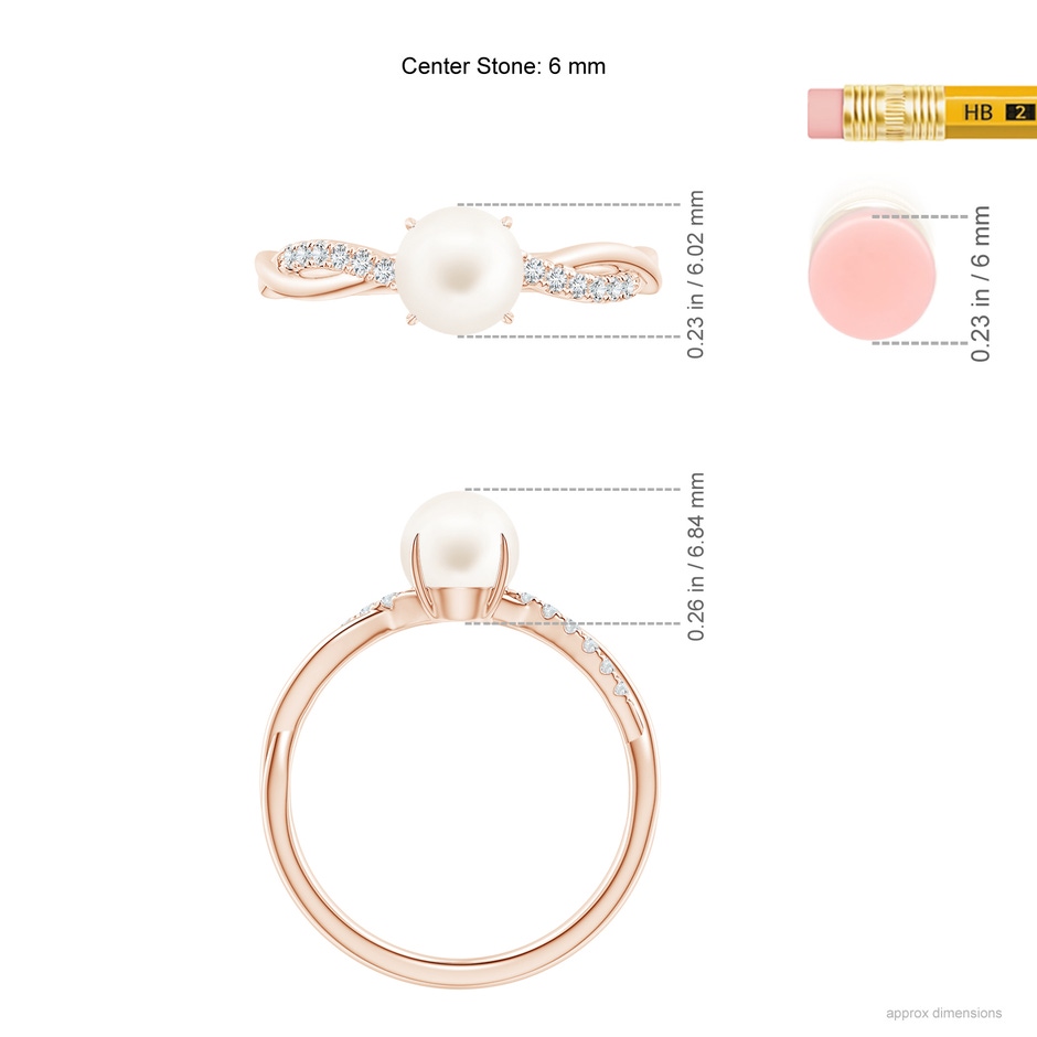 6mm AA Freshwater Pearl Twist Shank Ring with Diamonds in Rose Gold ruler