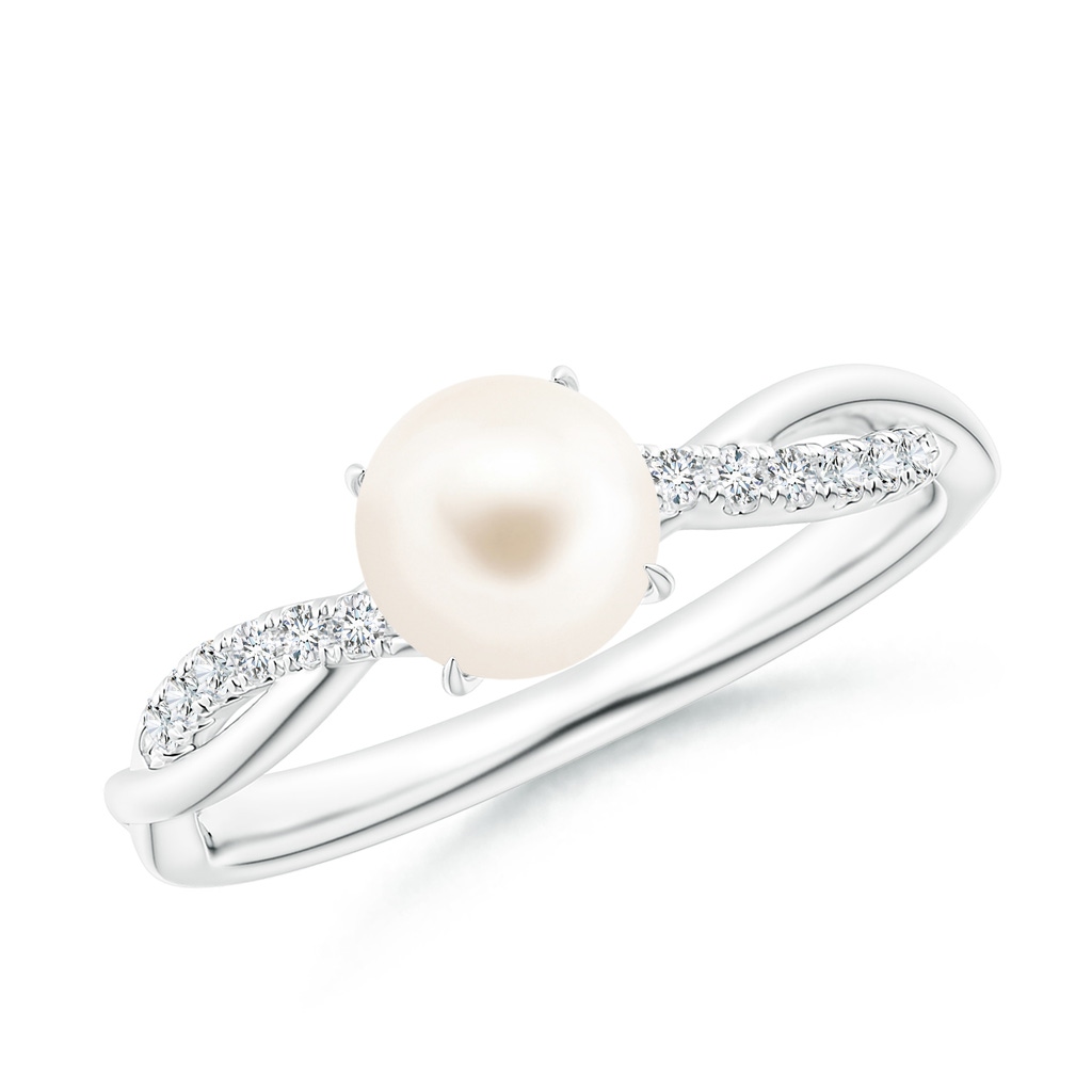 6mm AAA Freshwater Pearl Twist Shank Ring with Diamonds in White Gold
