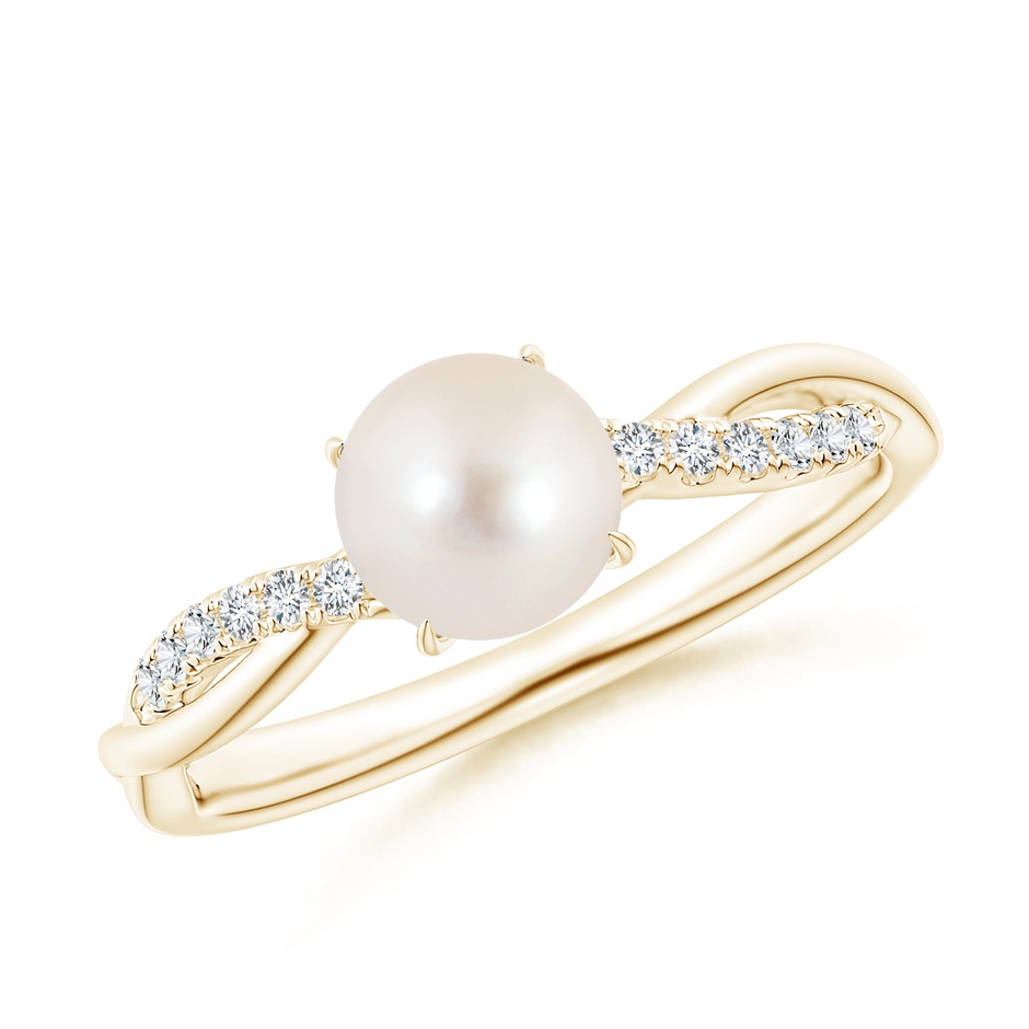 6mm AAAA Freshwater Pearl Twist Shank Ring with Diamonds in Yellow Gold 
