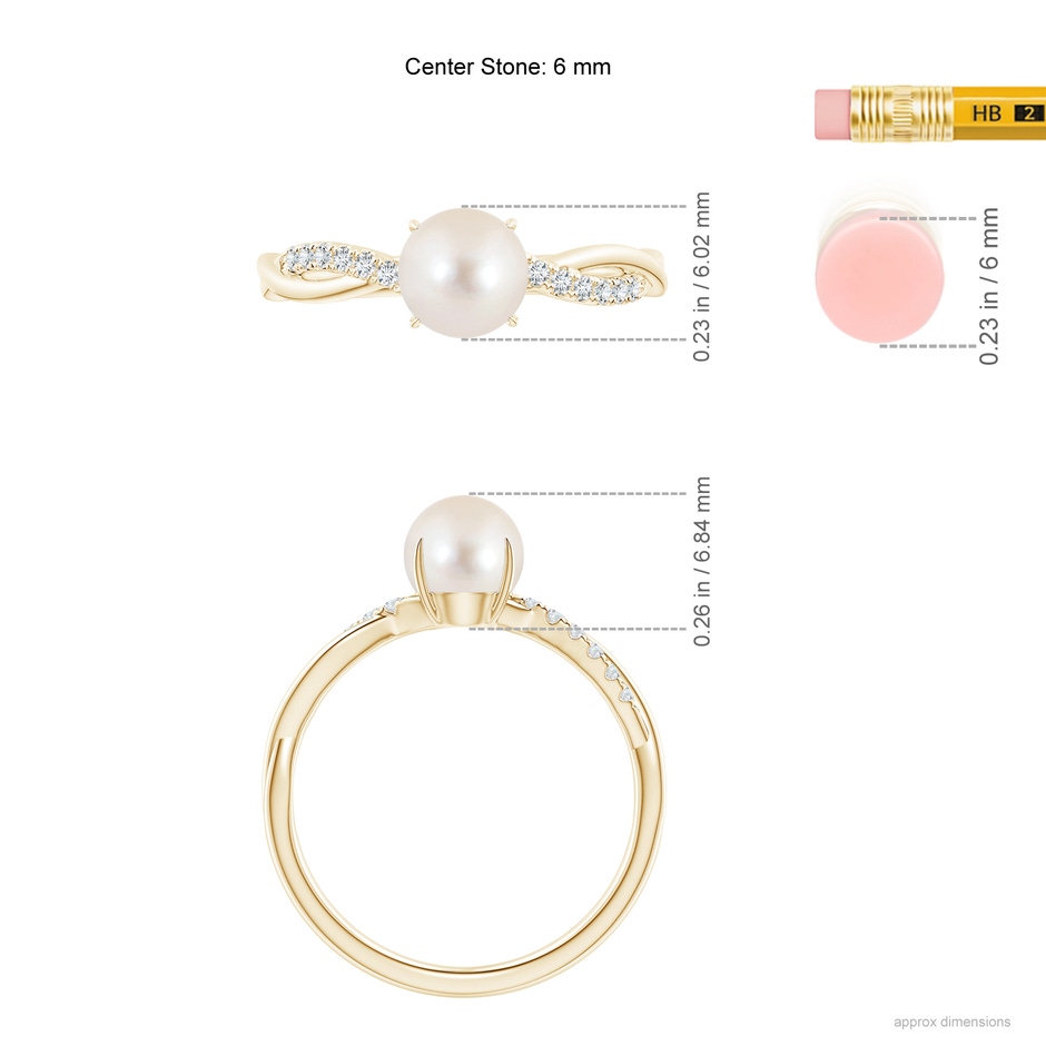 6mm AAAA Freshwater Pearl Twist Shank Ring with Diamonds in Yellow Gold ruler