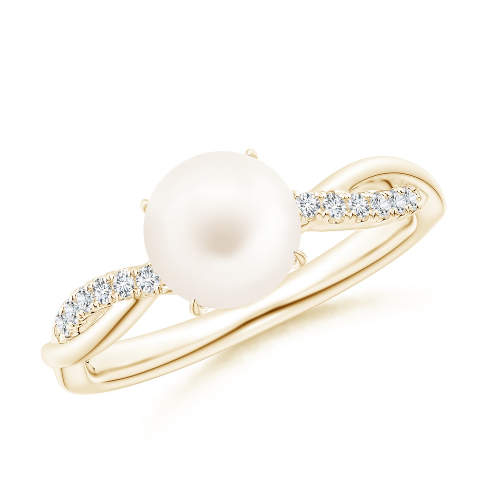 7mm AA Freshwater Pearl Twist Shank Ring with Diamonds in Yellow Gold 