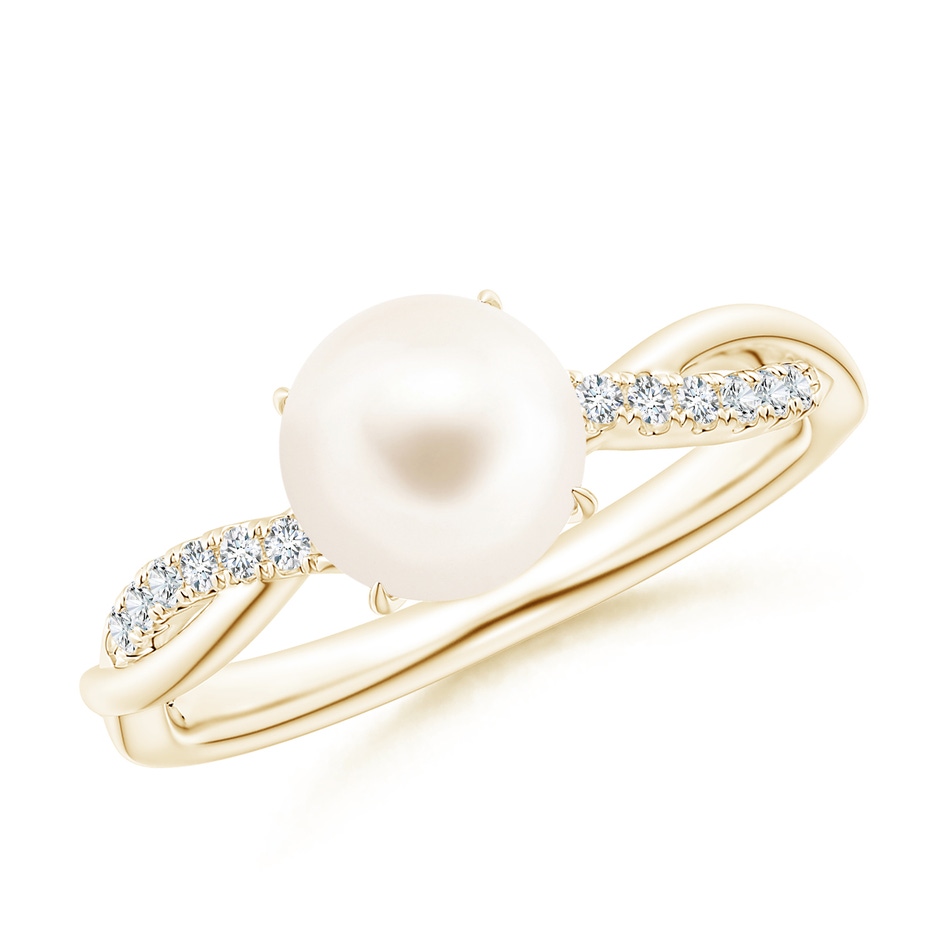7mm AAA Freshwater Pearl Twist Shank Ring with Diamonds in Yellow Gold 