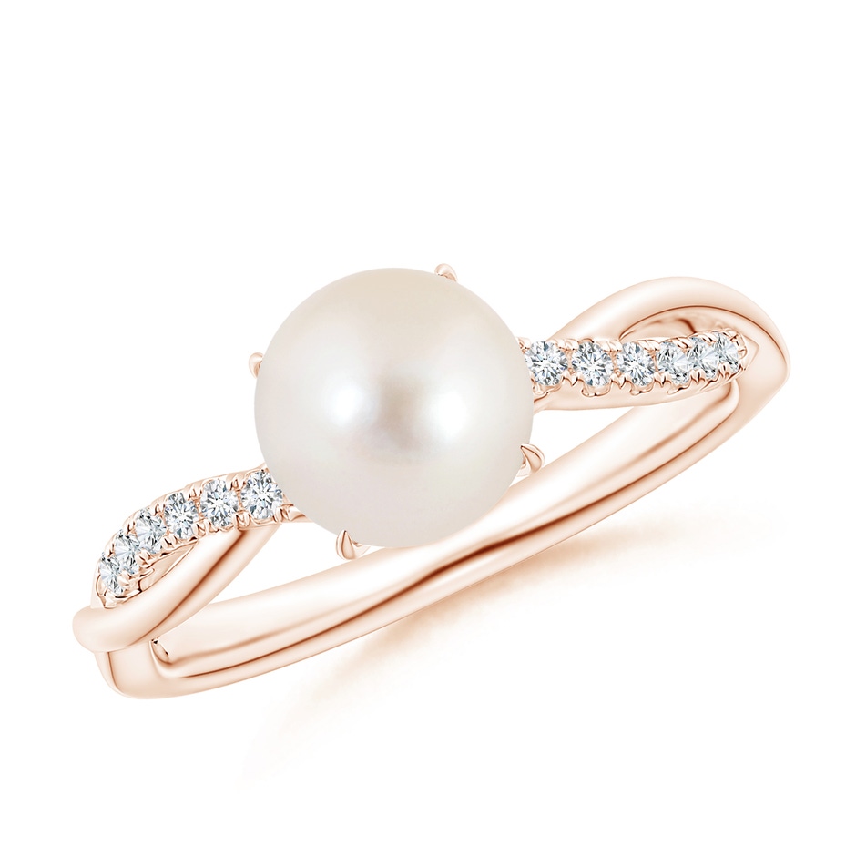 7mm AAAA Freshwater Pearl Twist Shank Ring with Diamonds in Rose Gold 