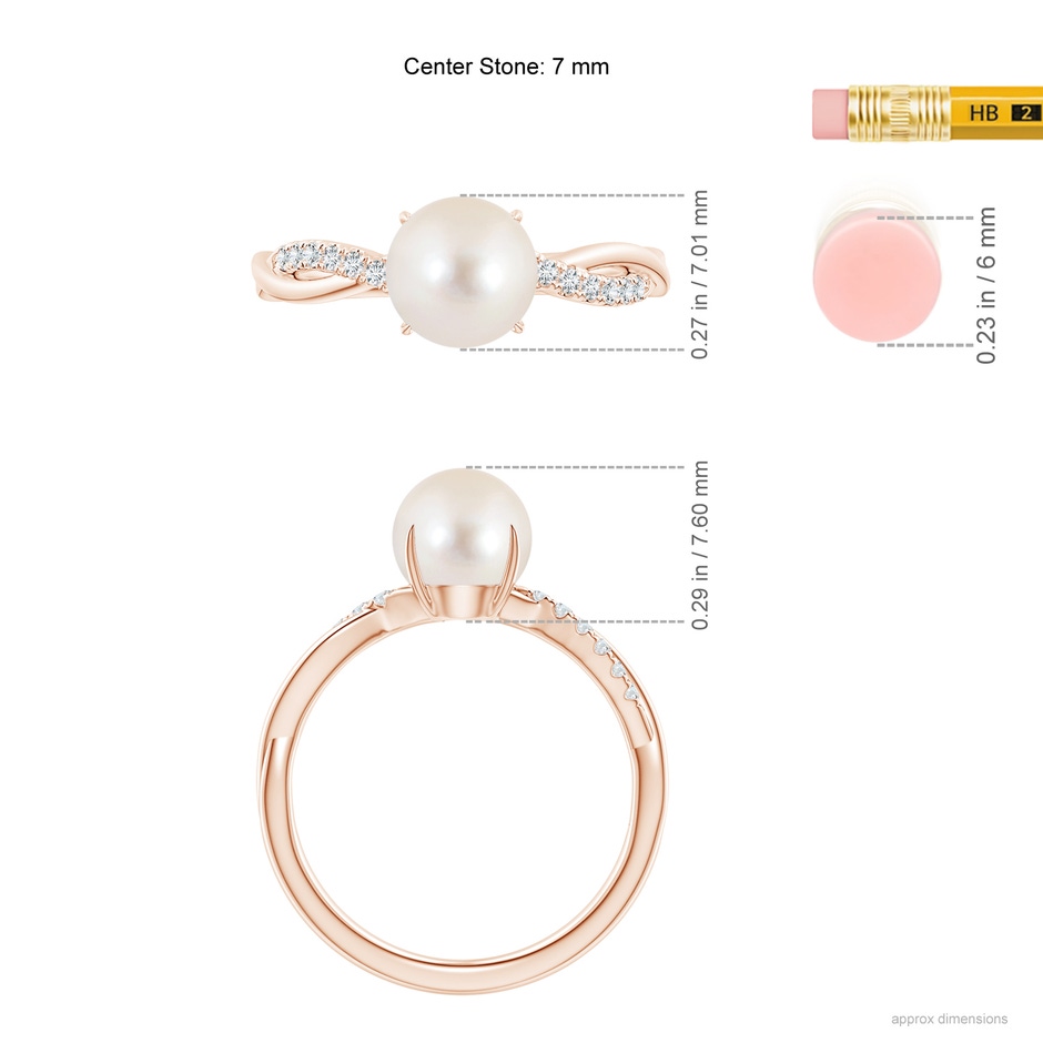 7mm AAAA Freshwater Pearl Twist Shank Ring with Diamonds in Rose Gold ruler