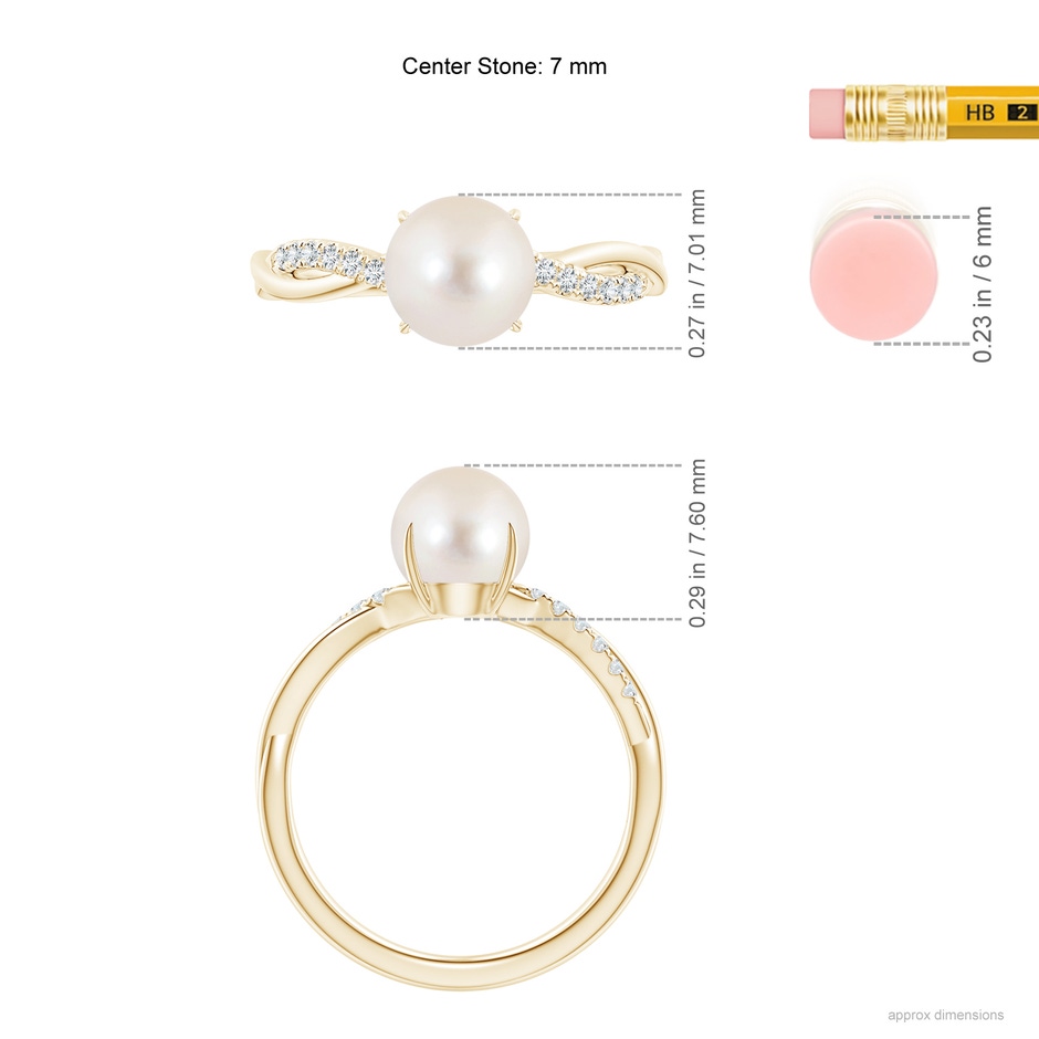 7mm AAAA Freshwater Pearl Twist Shank Ring with Diamonds in Yellow Gold ruler
