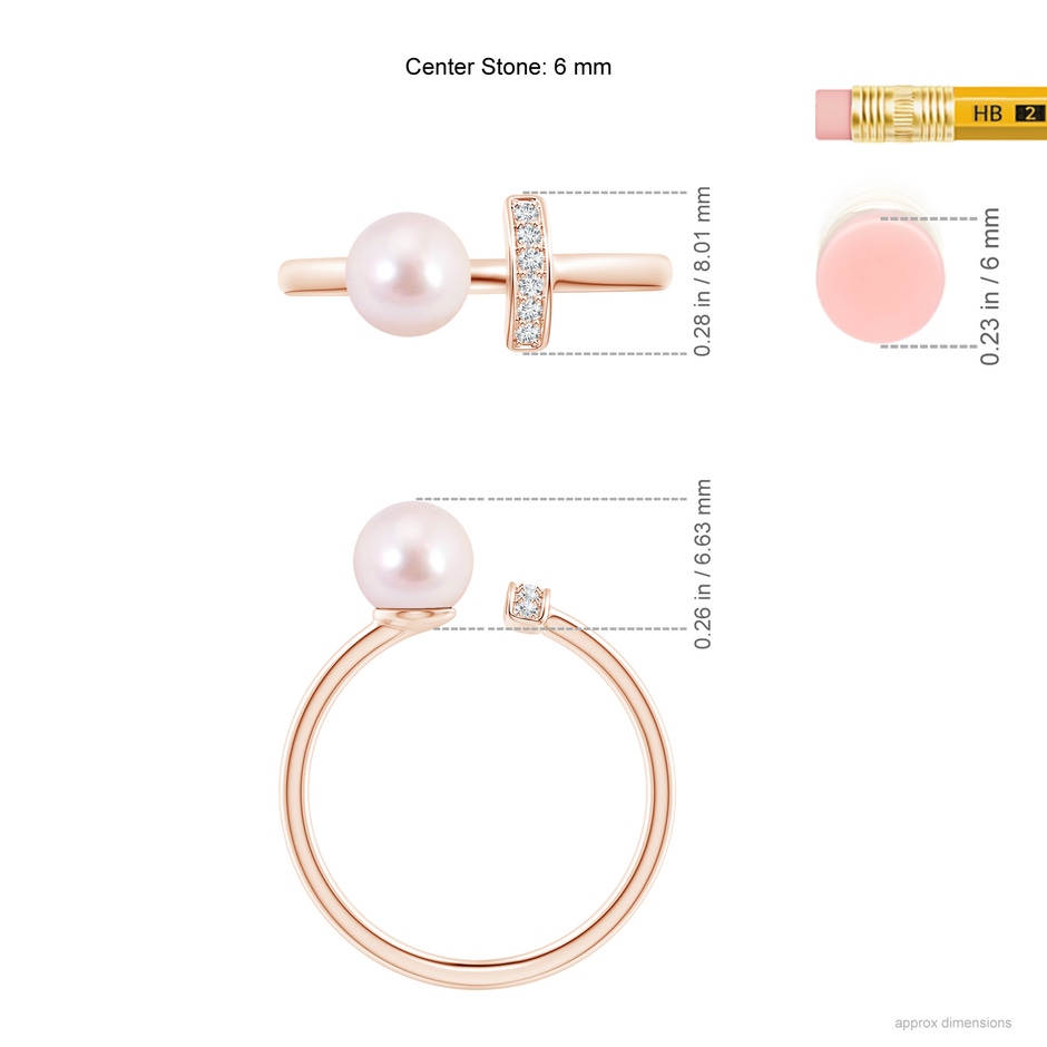 6mm AAAA Japanese Akoya Pearl and Diamond Bar Ring in Rose Gold ruler