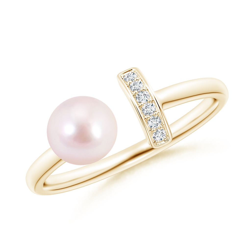 6mm AAAA Japanese Akoya Pearl and Diamond Bar Ring in Yellow Gold