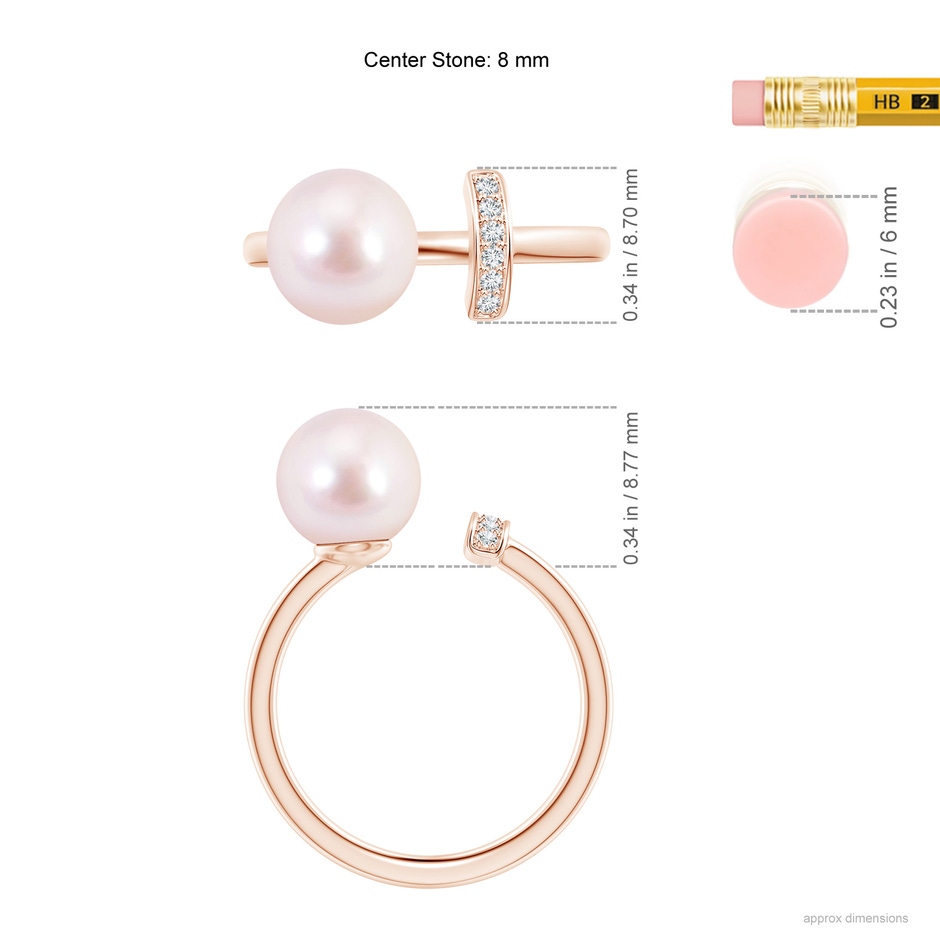 8mm AAAA Japanese Akoya Pearl and Diamond Bar Ring in Rose Gold ruler