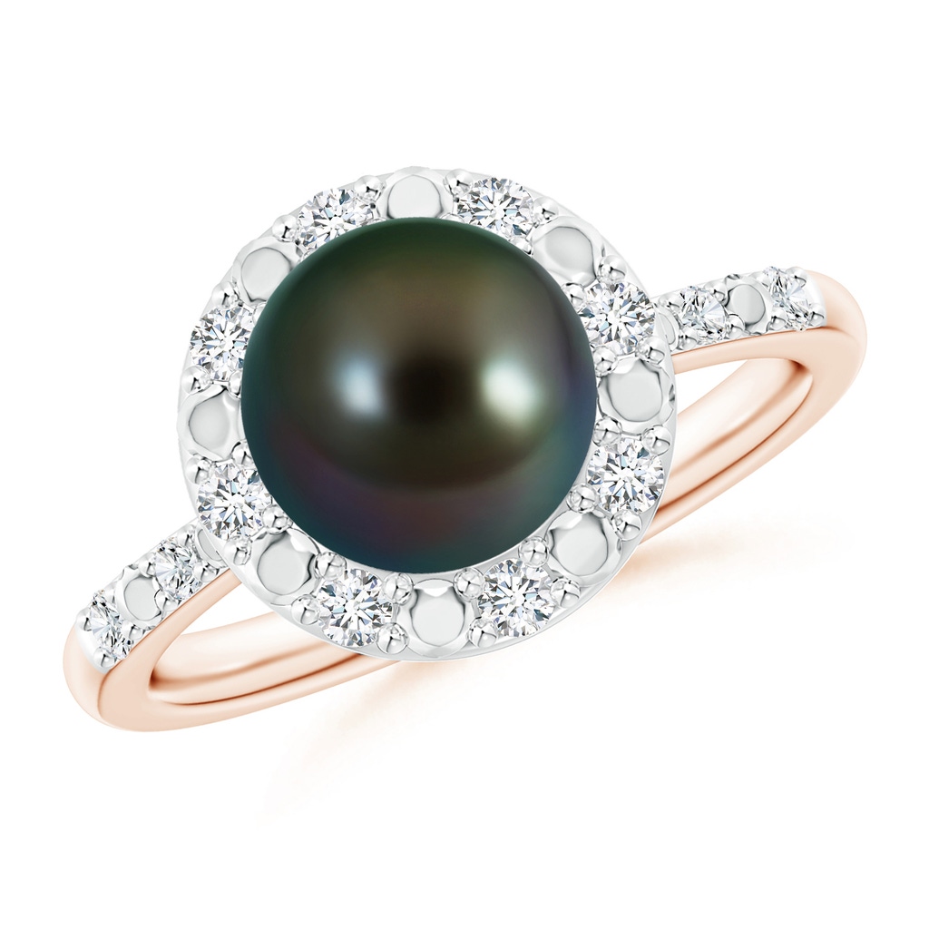 8mm AAAA Classic Tahitian Pearl and Diamond Halo Ring in Rose Gold