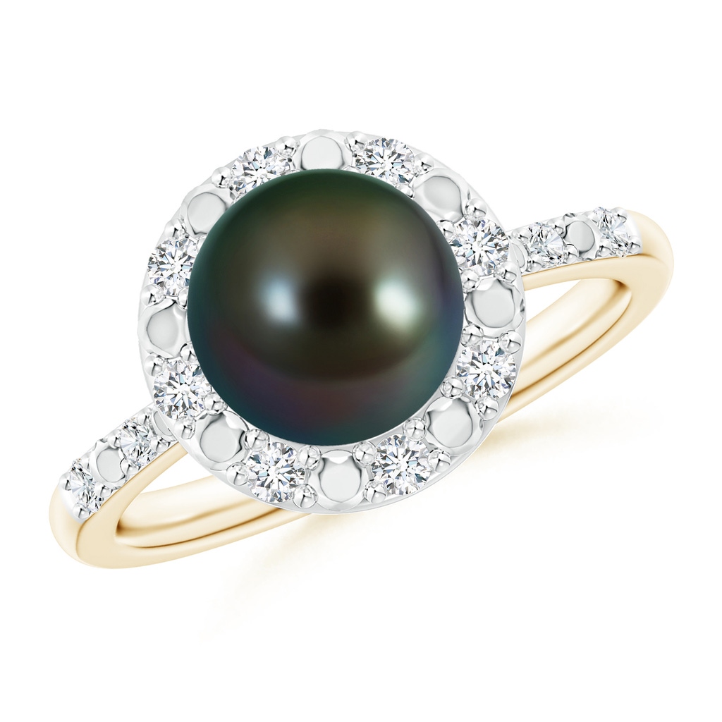 8mm AAAA Classic Tahitian Pearl and Diamond Halo Ring in Yellow Gold