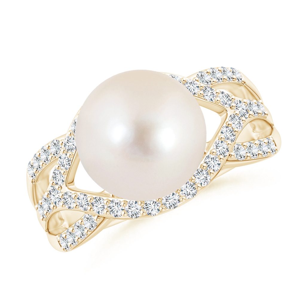 10mm AAAA Freshwater Pearl Criss-Cross Shank Ring in Yellow Gold