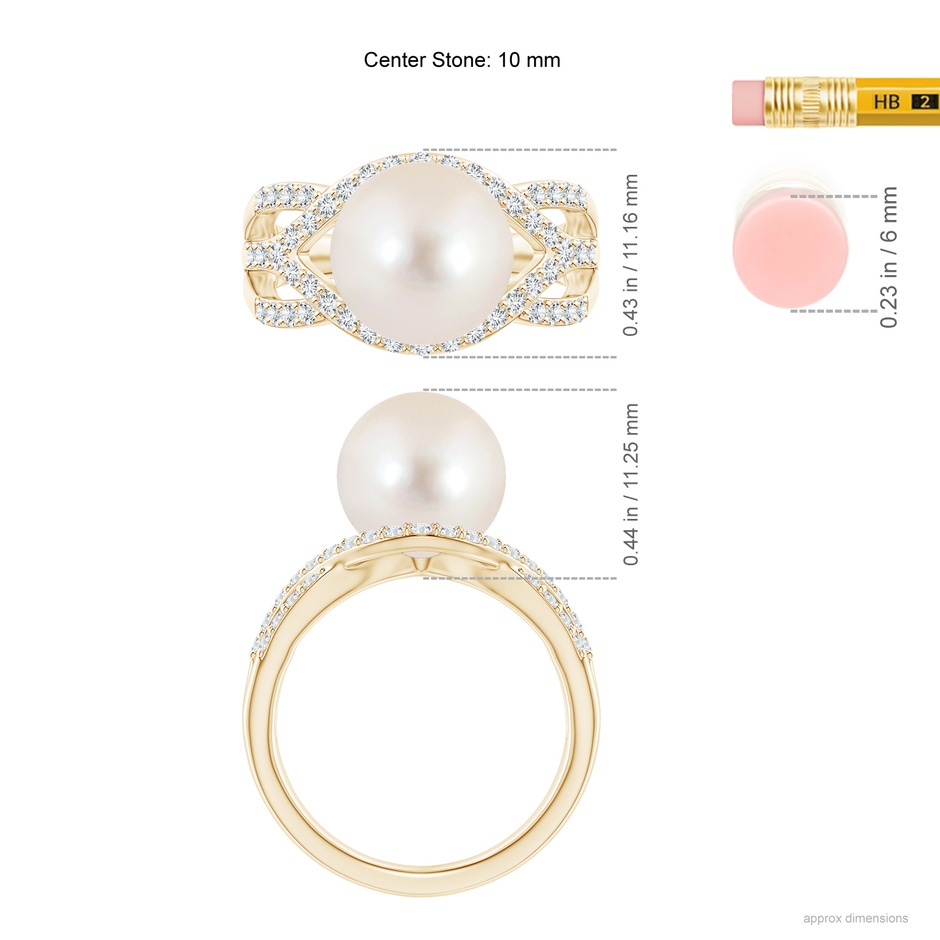 10mm AAAA Freshwater Pearl Criss-Cross Shank Ring in Yellow Gold ruler