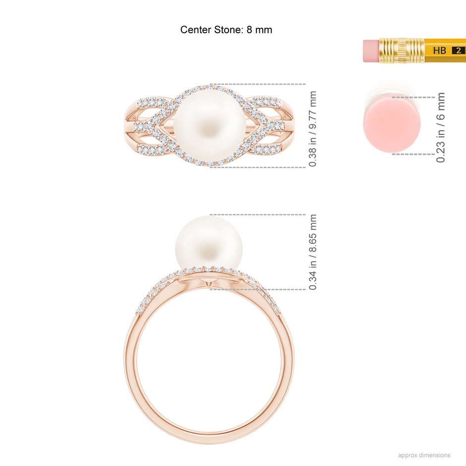 8mm AA Freshwater Pearl Criss-Cross Shank Ring in Rose Gold ruler