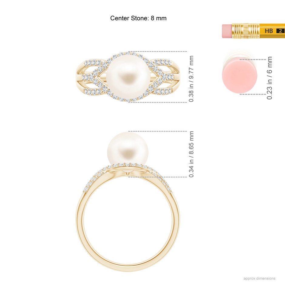 8mm AAA Freshwater Pearl Criss-Cross Shank Ring in Yellow Gold ruler