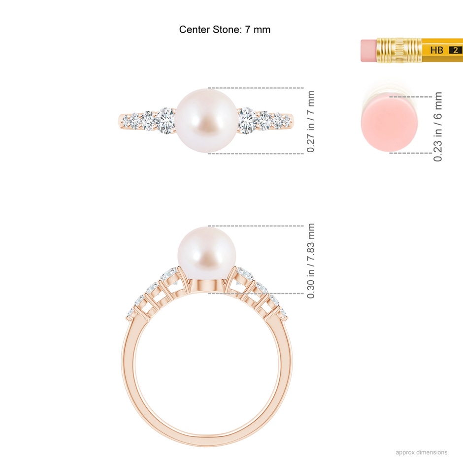 7mm AAA Japanese Akoya Pearl Ring with Graduated Diamonds in Rose Gold ruler