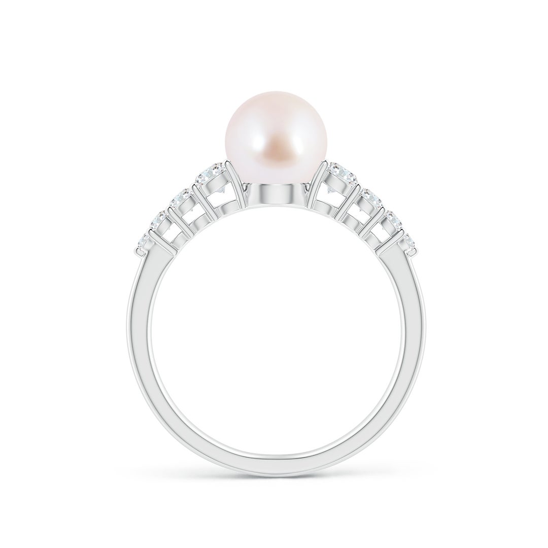 7mm AAA Japanese Akoya Pearl Ring with Graduated Diamonds in White Gold - side 1